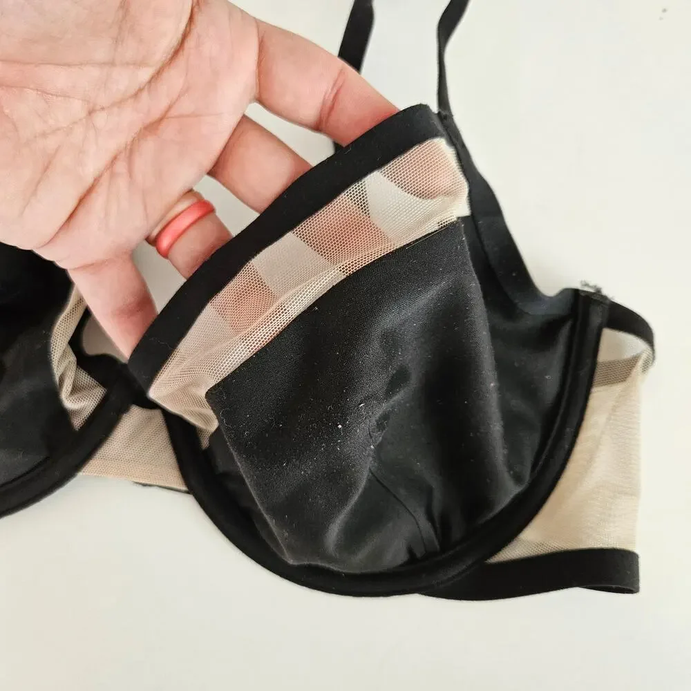 Victoria's Secret Unlined Demi Bra 34DD‎ Black Nude Mesh